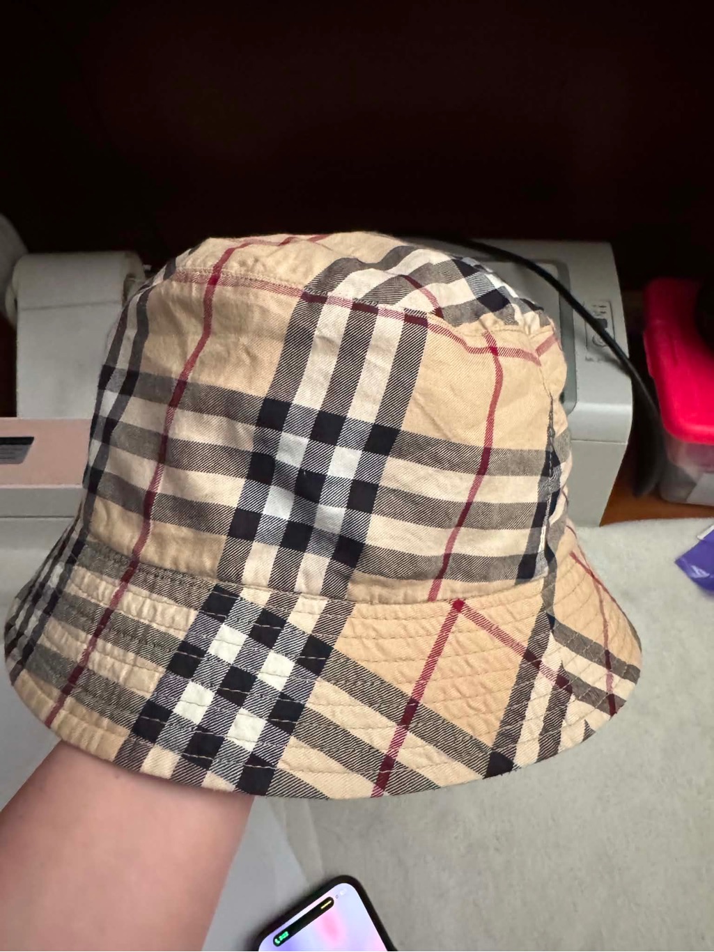 Classic Plaid Burberry Bucket Hat In Beige, Black & Red